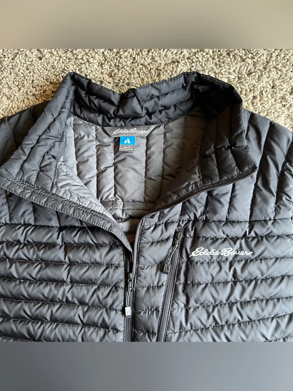 Eddie Bauer Puffer Vest Men Large Black Full Zip Microtherm Goose Storm Down 800